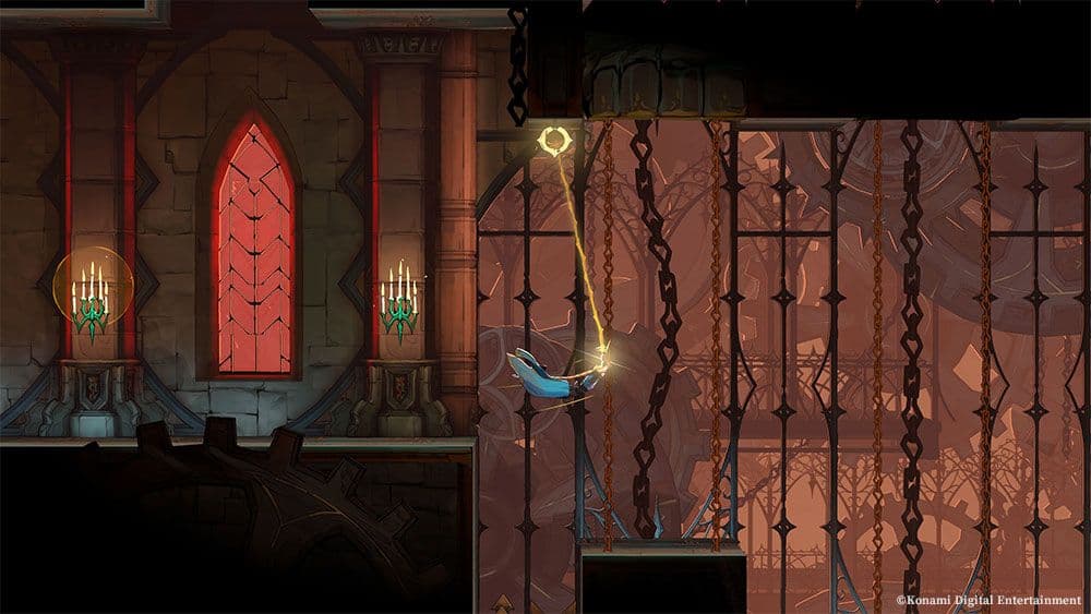 Rose utiliza el látigo para balancearse entre plataformas en Castlevania: Belmont’s Curse. Captura promocional oficial de Konami. © Konami Digital Entertainment.