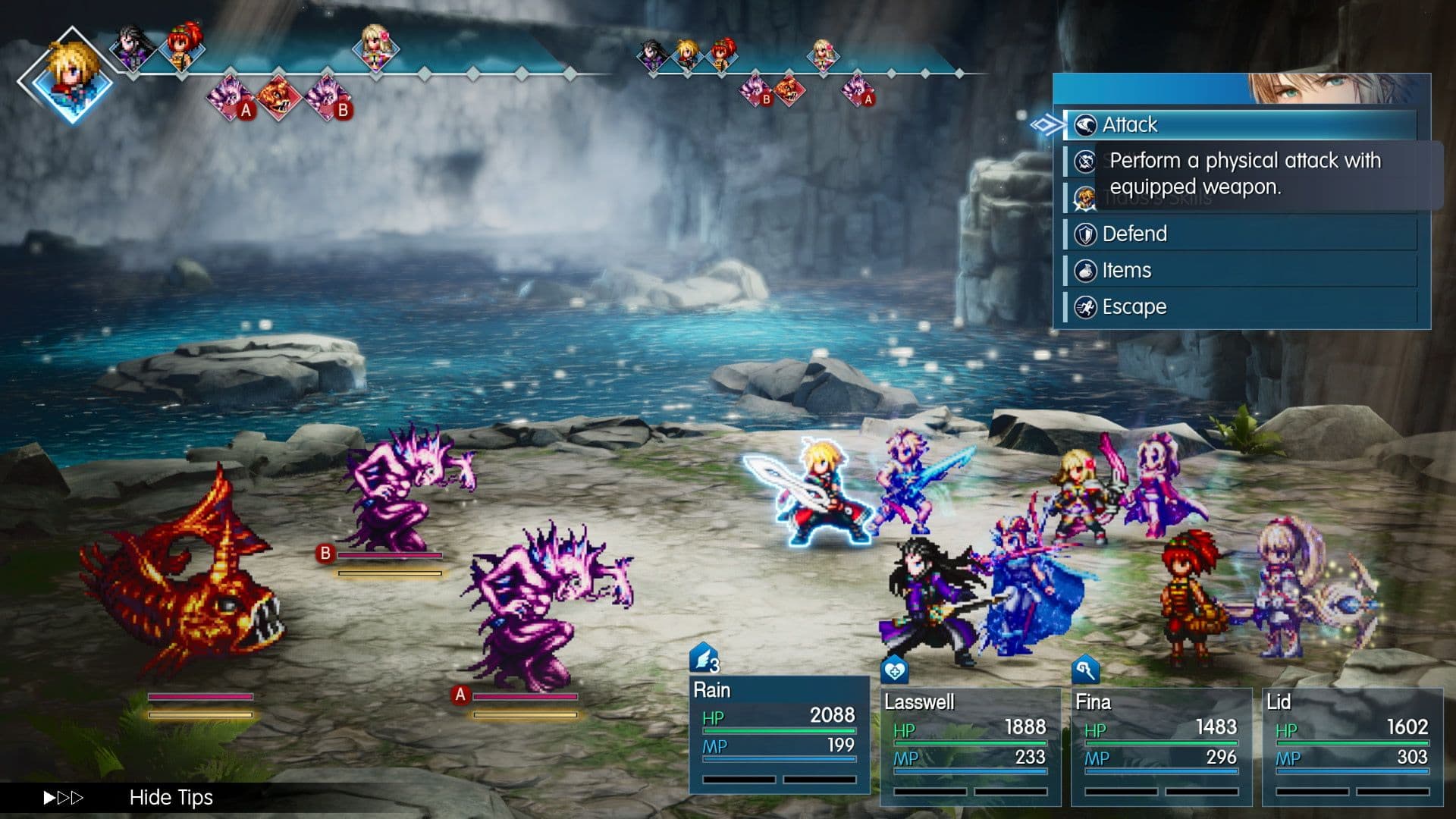 Combate por turnos con la línea temporal visible en Final Fantasy Resonance. Imagen promocional oficial. © SQUARE ENIX.