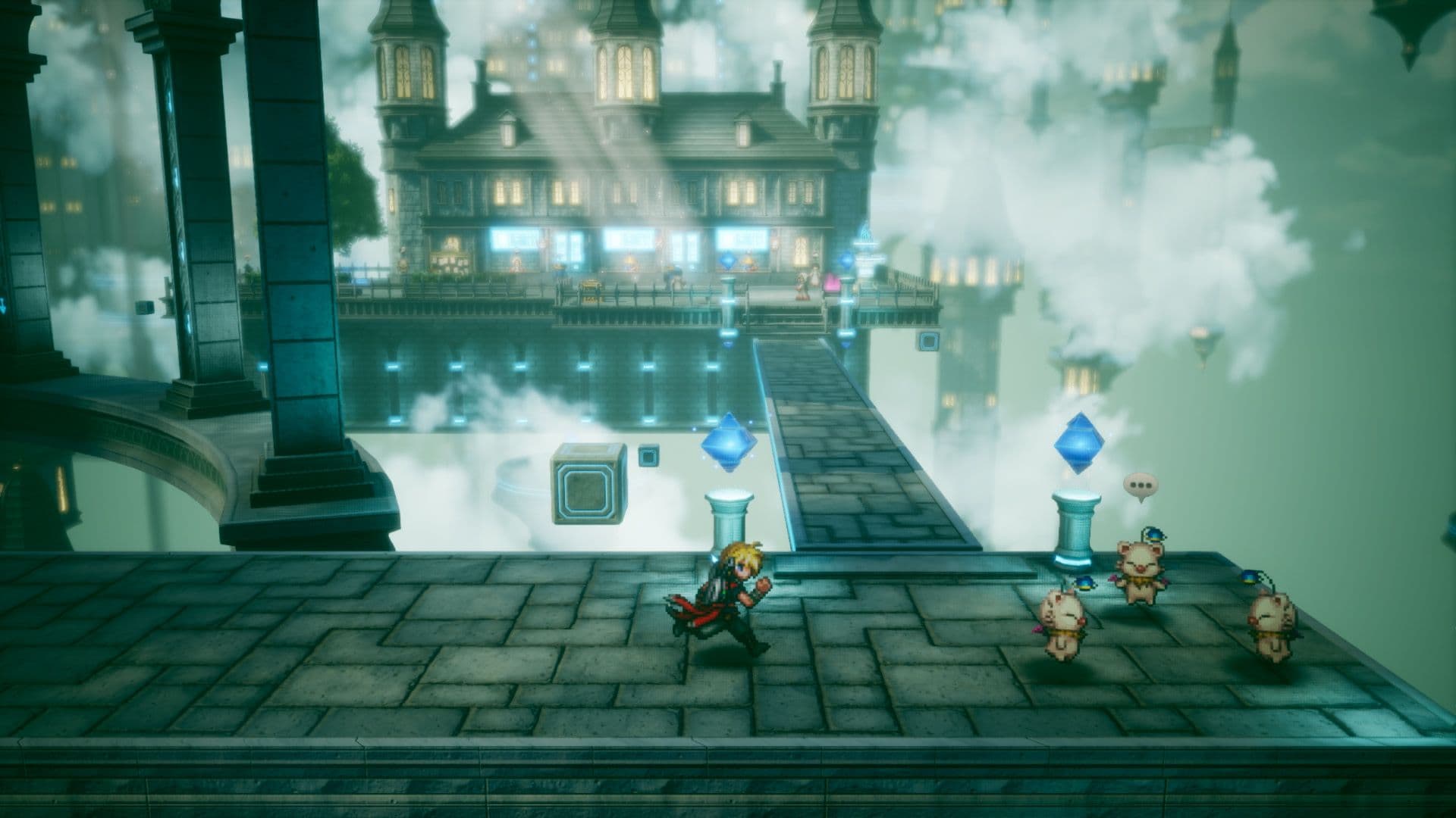 Ciudad y personajes con la presentación HD-2D de Final Fantasy Resonance. Imagen promocional oficial. © SQUARE ENIX.
