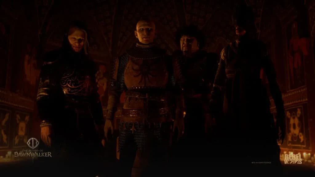 Brencis y su corte vampírica en The Blood of Dawnwalker. Material promocional oficial publicado en Xbox Wire; la imagen original identifica metraje de una versión beta. © Rebel Wolves / Bandai Namco Entertainment.