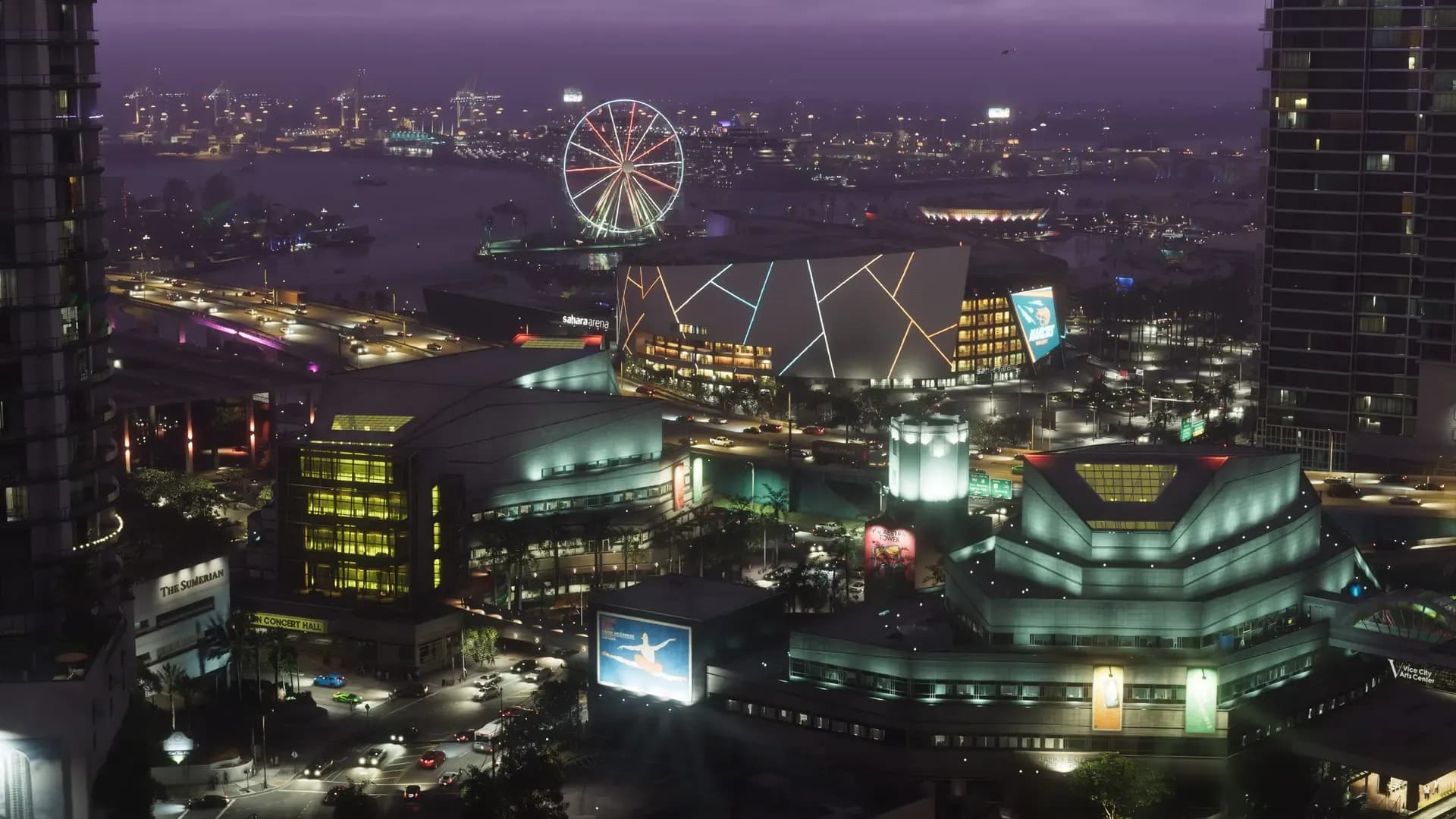 Vice City de noche, con tráfico, edificios iluminados y una gran distancia de dibujado. Captura oficial de GTA VI; © Rockstar Games y Take-Two Interactive.