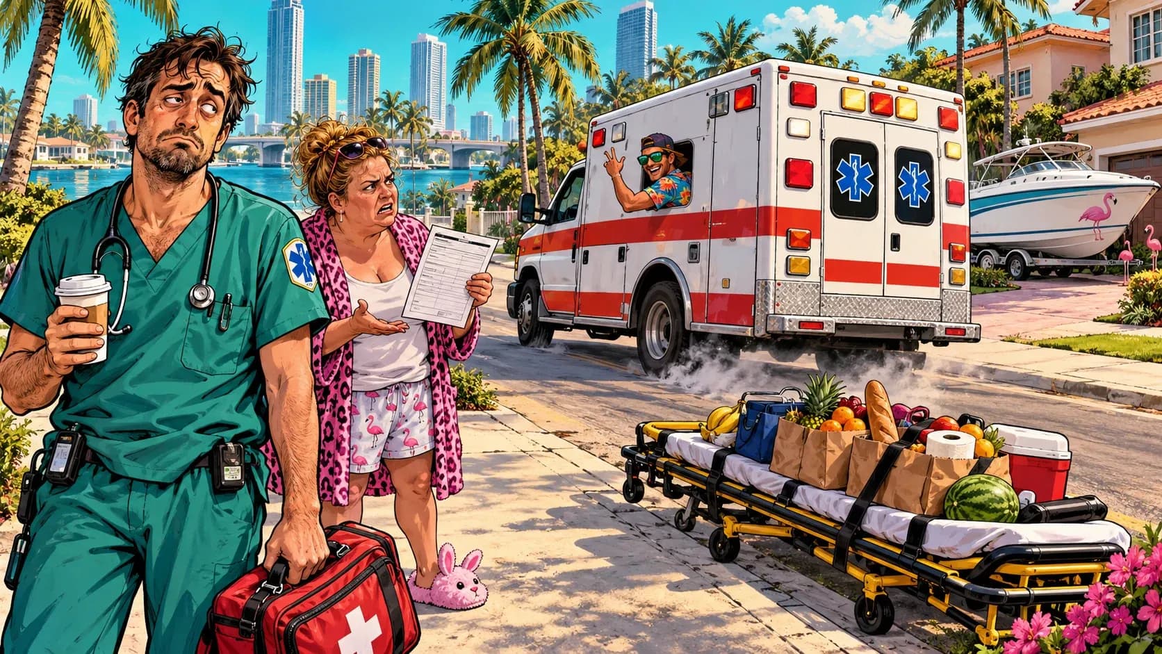 Un sanitario contempla cómo un conductor sonriente le roba la ambulancia mientras un vecino sostiene su reclamación. Ilustración satírica original generada con IA para El Pixel Gamberro; no es una captura de GTA VI.