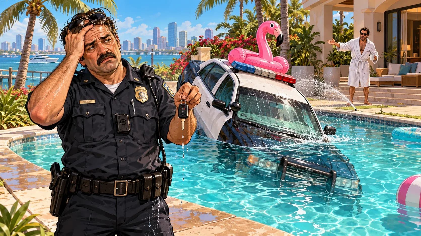 Un policía agotado contempla su patrulla medio hundida en una piscina, con un flamenco hinchable encima. Ilustración satírica original generada con IA para El Pixel Gamberro; no es una captura de GTA VI.