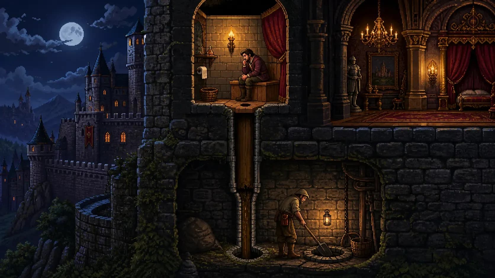 Ilustración editorial en píxel art de una letrina medieval o garderobe integrada en el muro de un castillo.