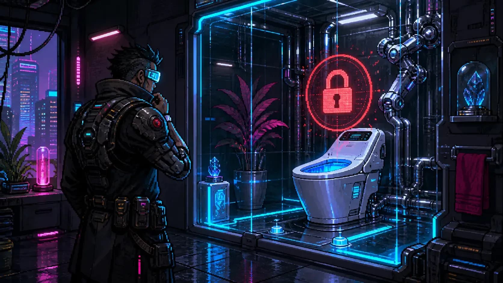 Ilustración editorial en píxel art de un váter futurista bloqueado como interacción dentro de un videojuego.