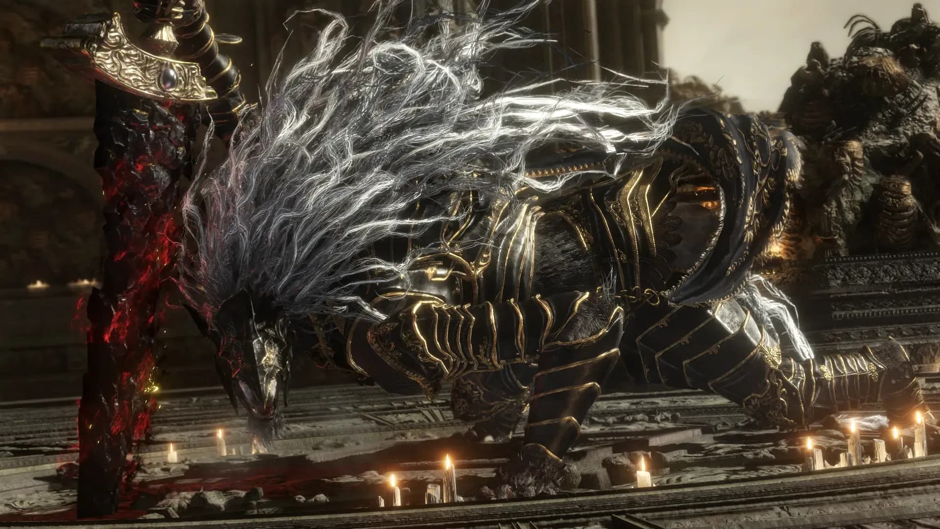 Un Sinluz se enfrenta a una bestia acorazada. Captura oficial de Elden Ring: Tarnished Edition para Nintendo Switch 2; © Bandai Namco Entertainment y FromSoftware.