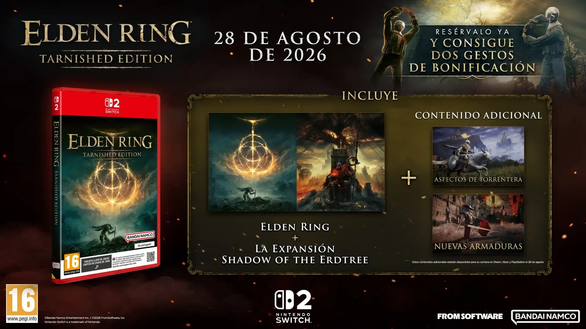 Material promocional español de la edición física para Nintendo Switch 2, identificada como tarjeta llave de juego. © Bandai Namco Entertainment y FromSoftware.