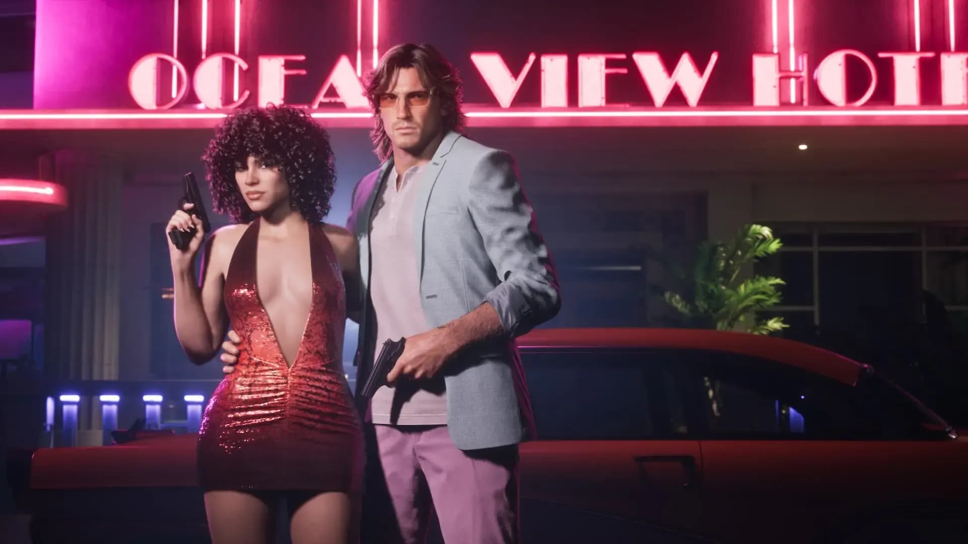 Jason y Lucía frente al Ocean View Hotel con el Vapid Stanier del pack Vintage Vice City. Imagen oficial de GTA VI; © Rockstar Games y Take-Two Interactive.