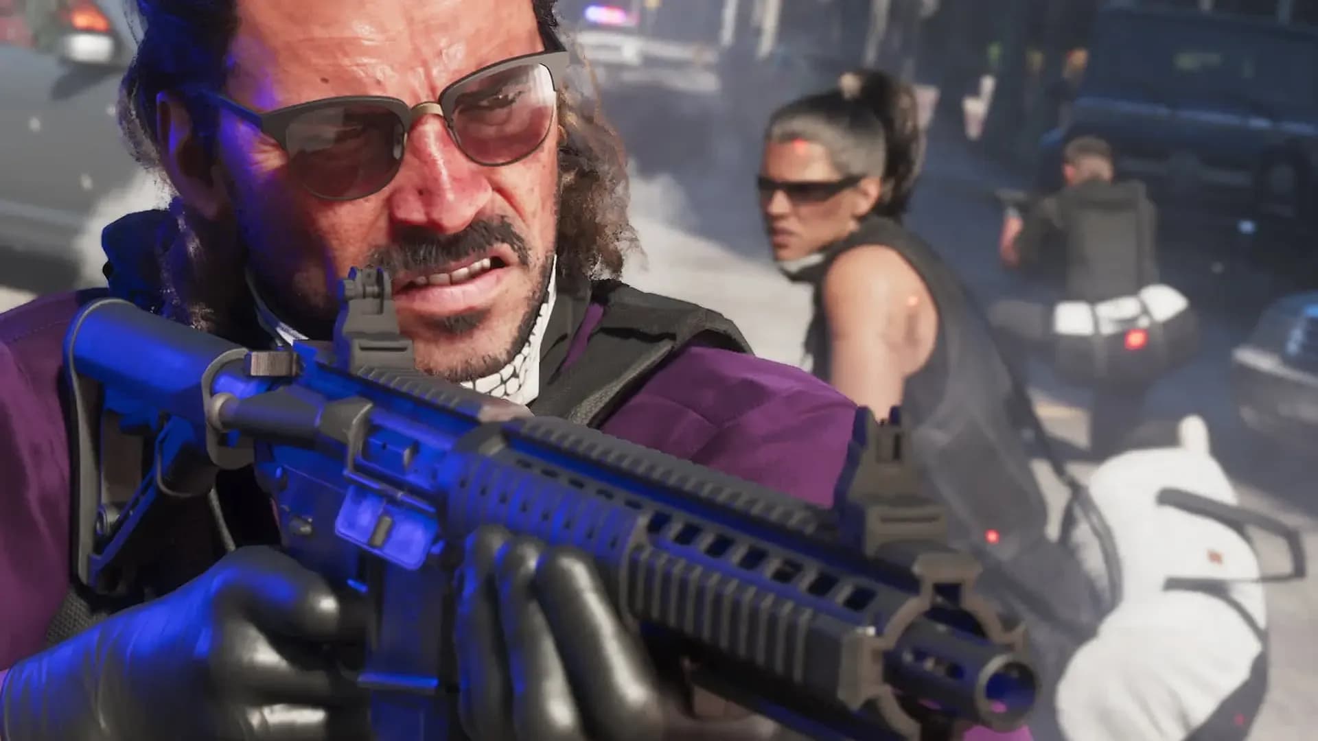 Raul Bautista durante un atraco, uno de los delincuentes confirmados de Leonida. Imagen oficial de GTA VI; © Rockstar Games y Take-Two Interactive.