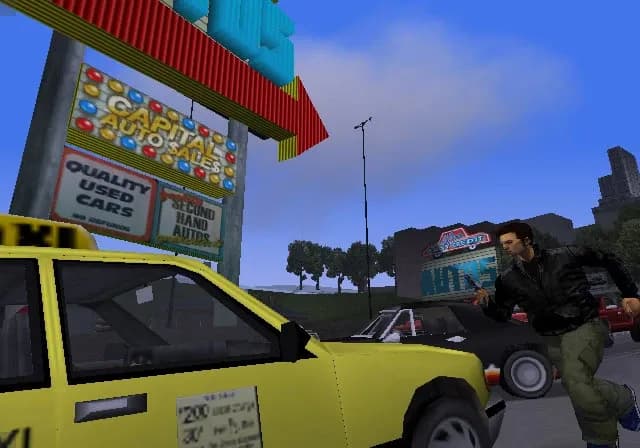 Captura oficial de GTA III publicada por Rockstar: Claude junto a un taxi en Liberty City. Imagen del juego clásico, anterior a The Definitive Edition. © Rockstar Games.