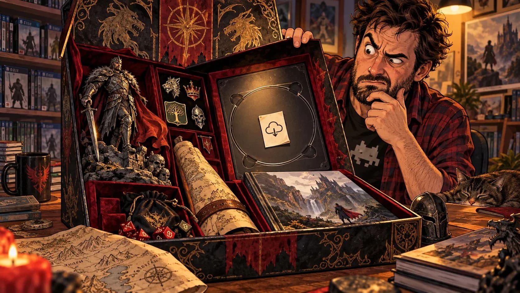 Una edición coleccionista ficticia llena de objetos alrededor de una bandeja de disco vacía. Ilustración satírica generada con IA para El Pixel Gamberro.