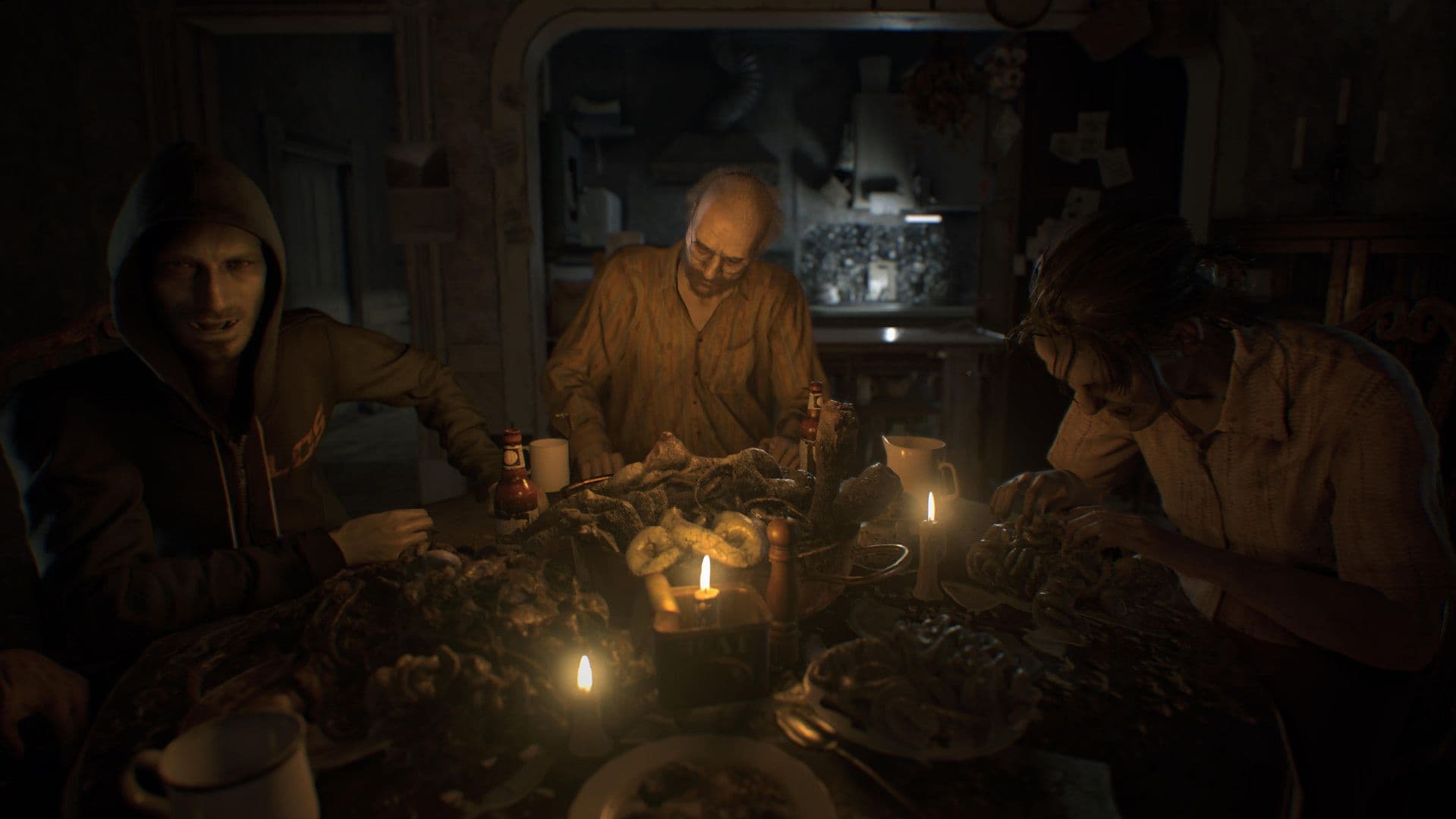 La familia Baker alrededor de la mesa. Captura promocional oficial de Resident Evil 7 biohazard publicada por Capcom en Steam. © CAPCOM CO., LTD.