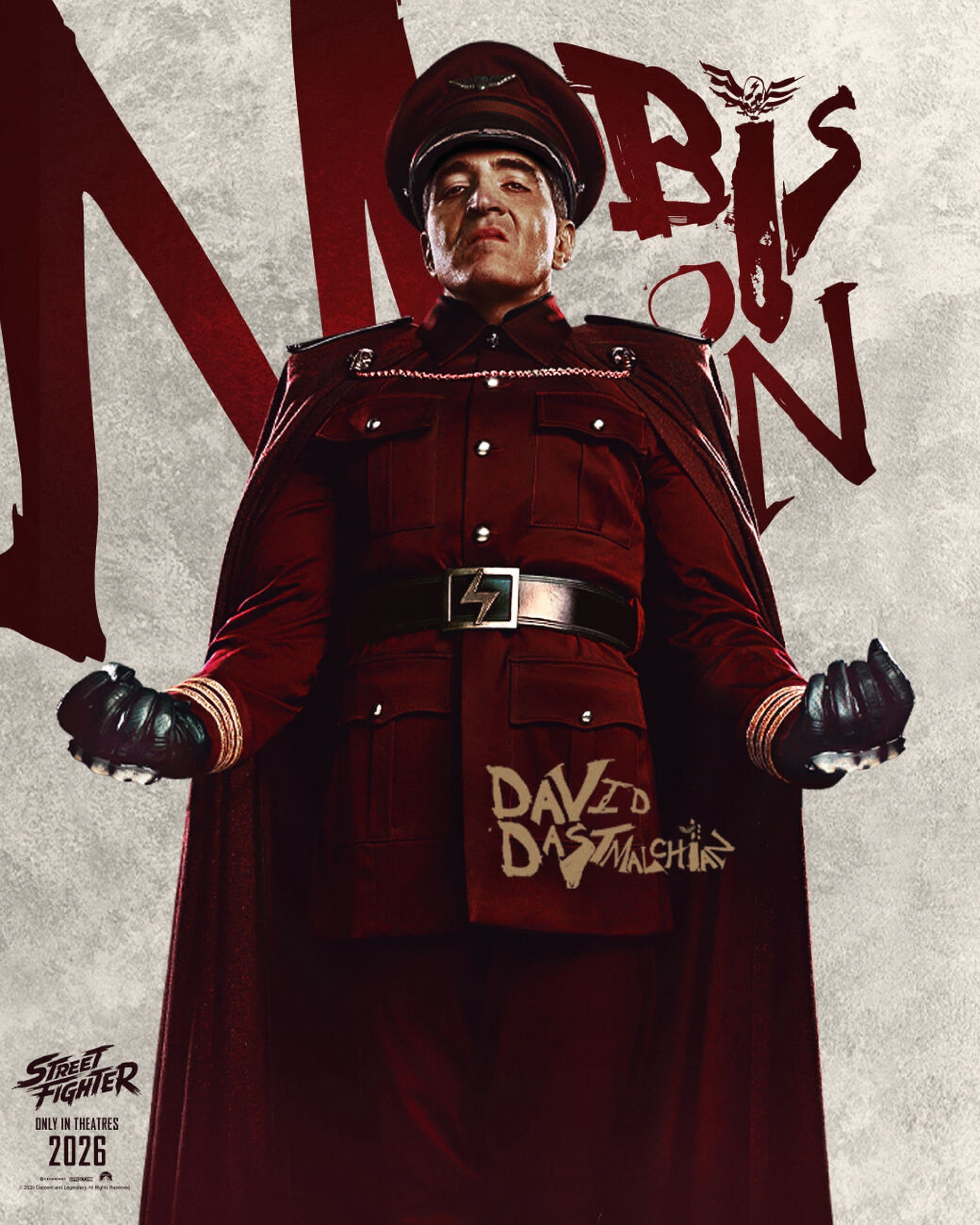 David Dastmalchian como M. Bison en un cartel oficial de Street Fighter (2026). © 2026 Paramount Pictures. Legendary Entertainment / CAPCOM.