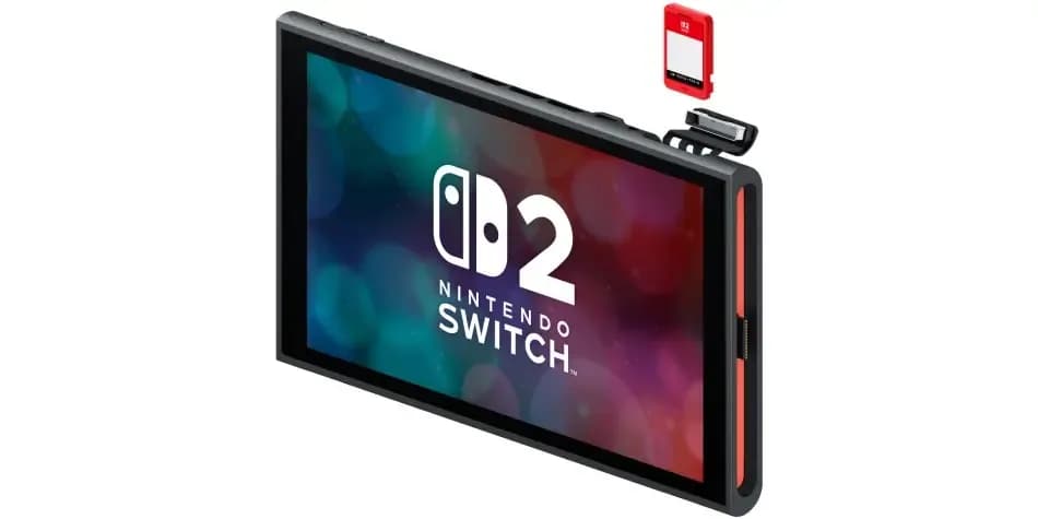 Nintendo Switch 2 con los Joy-Con 2 separados y una tarjeta de juego. Imagen oficial de Nintendo; © Nintendo.