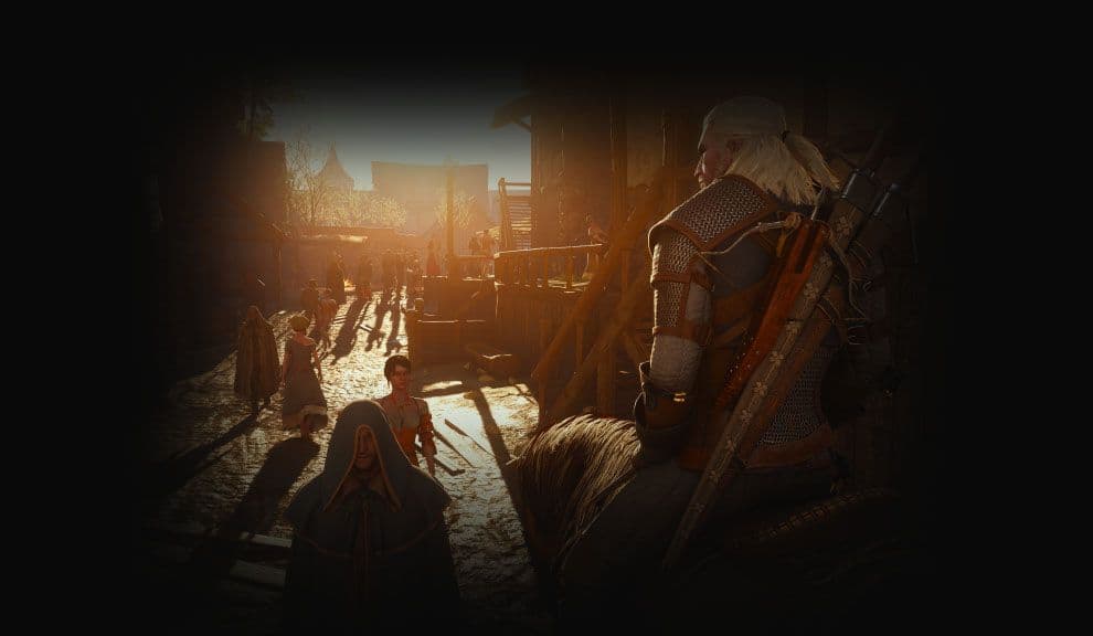 Geralt a caballo en una calle de The Witcher 3. Imagen promocional oficial de Remastered; © CD PROJEKT RED.