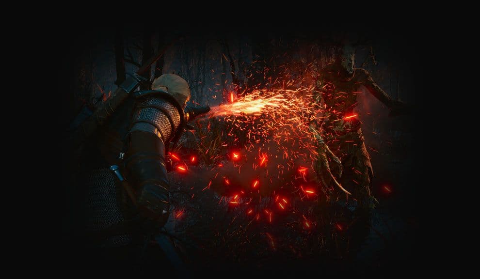 Geralt utiliza una señal de fuego durante un combate. Imagen promocional oficial de The Witcher 3 Remastered; © CD PROJEKT RED.