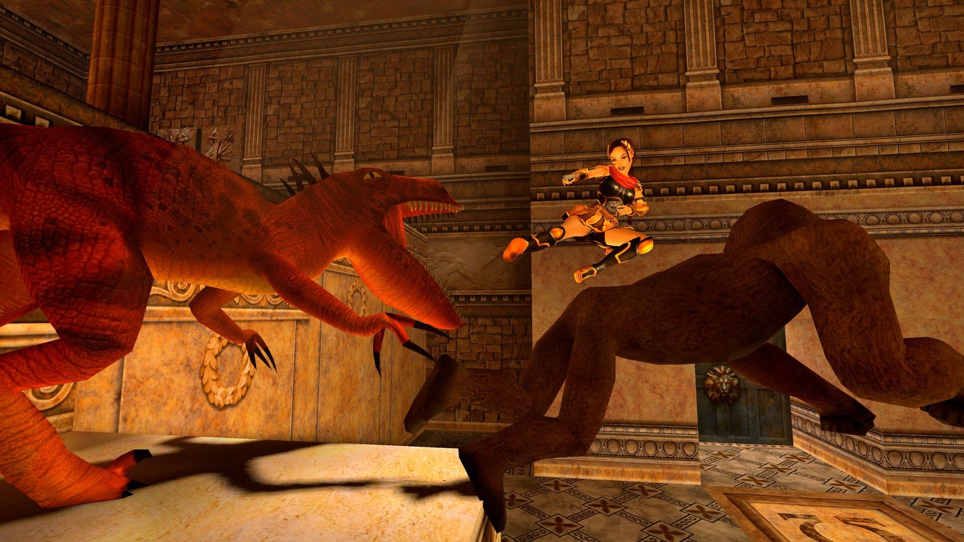 Lara se enfrenta a un dinosaurio en una captura promocional oficial de Tomb Raider I-III Remastered publicada por Aspyr en Steam. © Crystal Dynamics y Aspyr.
