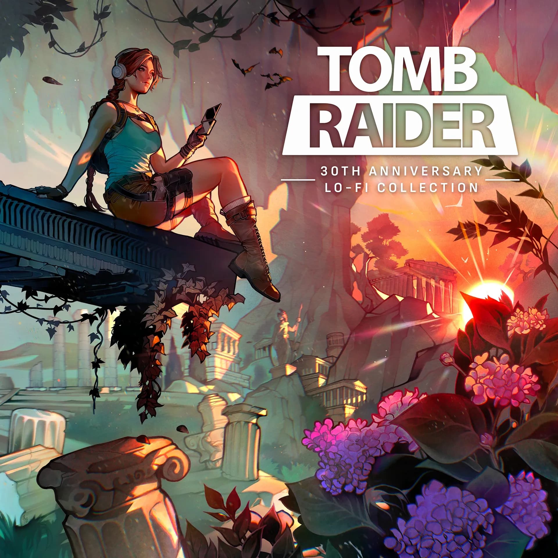 Lara descansa entre ruinas en la ilustración de Tholia para la colección Lo-Fi del 30 aniversario, publicada en la web oficial de Tomb Raider. © Crystal Dynamics. Ilustración: Tholia.
