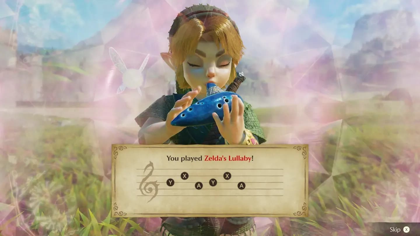 Link interpreta la Nana de Zelda con la nueva ocarina en una captura oficial. © Nintendo.